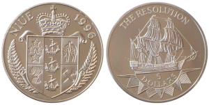 Niue, Silver 5 Dollars, 31.47g, 1996, The Resolution, obv. Ship, rev. Niue Coat of Arms. U