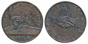 Sierra Leone Company, Bronze Cent,1791, obv. lion facing slightly left, rev. clasped hands