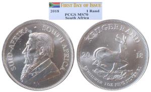 South Africa, Silver 1 Krugerrand, 2018, 1 oz. Fine. Graded by PCGS MS70.