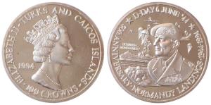 Turks and Caicos Islands, Elizabeth II, 100 Crowns, 155.51g, 1994, 50th Anniversary of the