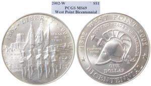 United States of America, Silver Dollar, 2002-W, West Point Bicentennial. Graded by PCGS M