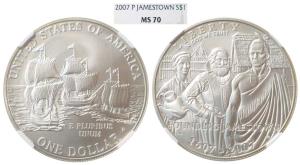 United States of America, Silver Dollar, 2007-P, Jamestown. Graded by NGC MS 70.