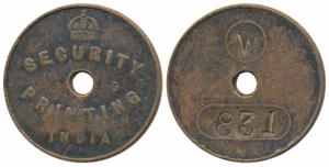 Gate Pass Copper Token, obv. Security Printing India surmounted by the English Crown, rev.