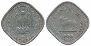Anna Series, Cupro –Nickel 2 Annas, 1955, Bombay Mint (KM 4.2). Very Fine+, Rare.