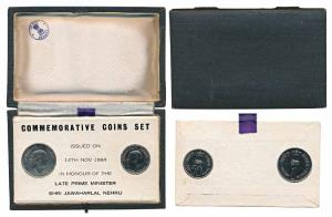 1964 Uncirculated set, Birth Anniversary of Jawaharlal Nehru, set of 2, 50p and 1 Rupee. I