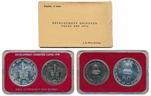 1976 Uncirculated Set, Food and Work for All, set of 2, Rupees 10 and 50. In near immacula