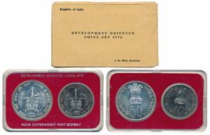 1976 Uncirculated Set, Food and Work for All, set of 2, Rupees 10 and 50. In immaculate co