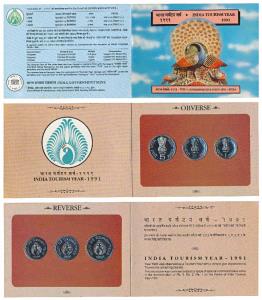 1991 Uncirculated Set, India Tourism Year, set of 3, Rupee 1, 2 & 5. In immaculate conditi