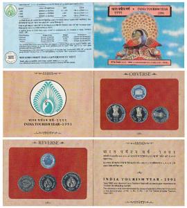 1991 Proof Set, India Tourism Year, set of 3, Rupee 1, 2 & 5. In immaculate condition, wit