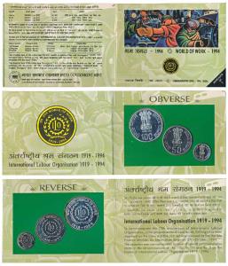 1994 Uncirculated Set, World of work, set of 3, Rupees 5 to 100. In immaculate condition, 