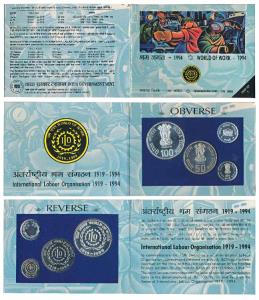 1994 Proof Set, World of work, set of 3, Rupees 5 to 100. In immaculate condition, within 
