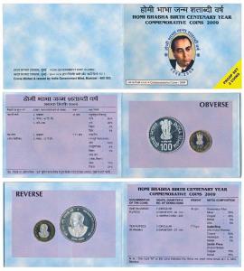 2009 Proof set, Homi Bhabha Birth Centenary, set of Rupees 10 (bi-metal) and 100. In immac