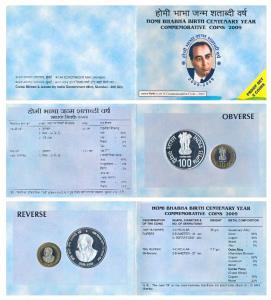 2009 Proof Set, Homi Bhabha Birth Centenary, set of Rupees 10 (bi-metal) and 100. In immac