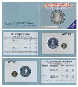 2009 Uncirculated Set, Saint Alphonsa Birth Centenary, set of 2, Rupees 5 and 100. In imma