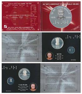 2009 Proof Set, 200th Birth Anniversary of Louis Braille, set of 2, Rupees 2 and 100. In i