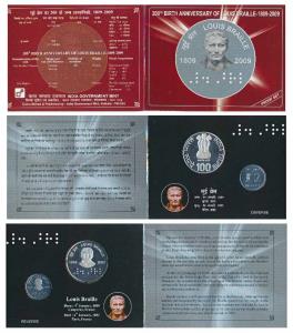 2009 Proof Set, 200th Birth Anniversary of Louis Braille, set of 2, Rupees 2 and 100. In i