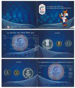 2010 Proof Set, XIX Commonwealth Games Delhi, set of 3, Rupees 2 to Rupees 100. In immacul