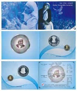 2010 Proof Set, Mother Teresa Birth Centenary, set of 2, Rupees 5 and 100. In immaculate c