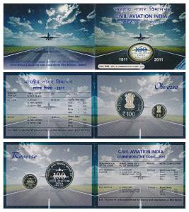 2011 Proof Set, 100 years Civil Aviation India, set of 2, Rupees 5 and 100. In immaculate 