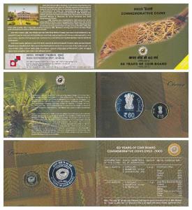 2013 Proof Set, 60 Years of Coir Board, set of 2, Rupees 60 and 10. In immaculate conditio