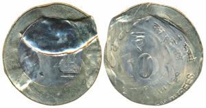 Bi-metal Rupees 10, 2020, Error, triple struck on both sides, due to the triple strike the