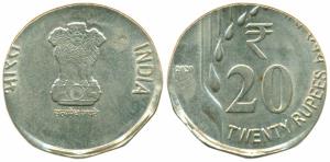Nickel Brass Rupees 20, 2020, Error/Off-Metal Strike (OMS), struck on a single Brass Nicke