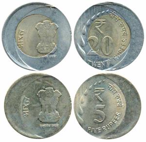 Bi-metal Rupees 20, and Brass Rupees 5, 2020, Error, 20% off center. Uncirculated. (2)