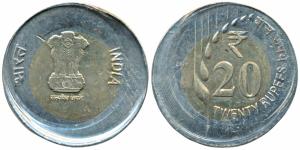 Bi-metal Rupees 20, 2020, Broad planchet, 30mm instead of the usual 20 mm. Extremely Fine,