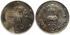 Cupro-Nickel Rupees 10, 1981, World Food Day, Bombay Mint (KM 196). Toned, Uncirculated.
