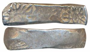 Archaic Punch Marked Coinage, attributed to Gandhara Janapada, Bent Bar, Silver 5 Shana, 1