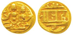 Vijayanagar Empire, Hari Hara II, Gold ½ Pagoda, 1.67g, obv. Shiva-Parvati seated, Siva ho