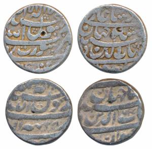 Shah Jahan, Silver Rupee, Surat Mint, AH 104X; Tatta Mint, RY 38 (KM 222.13 & 222.14). Abo