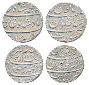 Muhammad Shah, Silver Rupee (2), Khambayat Mint, AH 1115/47; Surat Mint, AH 113X/Ahd, both