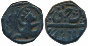 Copper Kachcha Paisa, 13.8g, obv. hanuman wearing a crown running to right holding a banne