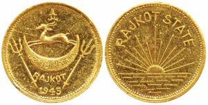 Dharmendra Singhji, Gold Mohur, 7.9g, obv. coat of arms of the state with date 1945 below,