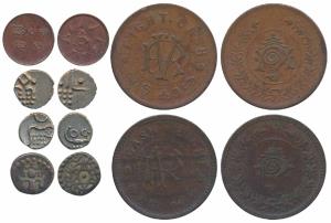 Rama Varma V (ME 1057-1062; 1880-1885 AD), Silver Fanam, 0.5g, each; Rama Varma III, Coppe