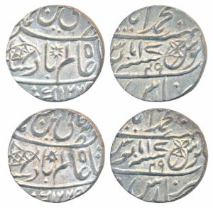Muhammadabad Banaras Mint, Silver Rupee (2), in the name of Shah Alam II, fish, sun-burst 