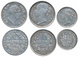 William IV, Silver ¼ Rupee, 1835; Queen Victoria, Silver ¼ Rupee, 1840; 2 Annas 1841, divi