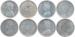 Victoria Empress, Silver 2 Annas, 1862; 1877, Calcutta Mint, A / I No mint mark (Prid 491)