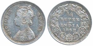Victoria Queen, Silver ¼ Rupee, 1862, 19.6 mm. Very Fine+.