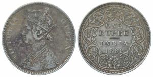 Victoria Queen, Silver Rupee, Bombay Mint, 1862, A / II / 0 / 10, (Prid 93). Very Fine.
