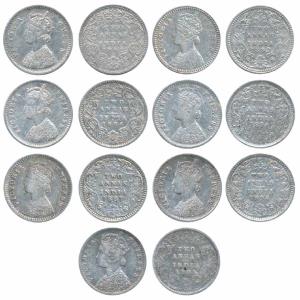 Victoria Queen & Empress, Silver 2 Annas, 1862, 1884, 1887, 1892, 1894 (2), 1901. Fine+ to