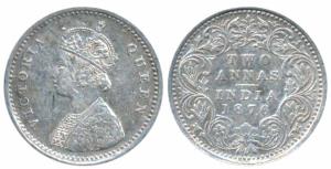 Victoria Empress, Silver 2 Annas, 1876, Calcutta Mint, A / I, No mint mark (Prid 490). Ver