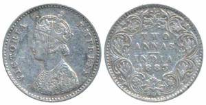 Victoria Empress, Silver 2 Annas, 1883, Bombay Mint, B / II / dot, (Prid 530). About Fine,