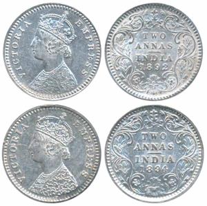 Victoria Empress, Silver 2 Annas, 1892, Calcutta Mint, B / II / C incuse (Prid 507); 1894,