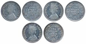 Victoria Empress, Silver 2 Annas (3), 1894 B incused; 1896 B incused; 1897. Fine to About 