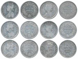 Victoria Queen & Empress, Silver ¼ Rupee, 1862, 1875, 1876, 1877 (2), 1887. Fine to Fine+.