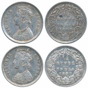 Victoria Queen & Empress, Silver ¼ Rupee, 1862; 1883, Bombay Mint, B / I / dot (Prid 415).