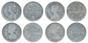 Victoria Queen & Empress, Silver ¼ Rupee, 1875, 1882, 1883 & 1889. Fine+ to About Very Fin