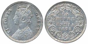 Victoria Queen, Silver ¼ Rupee, 1875, Calcutta Mint, A / I / No mint mark (Prid 380). Extr
